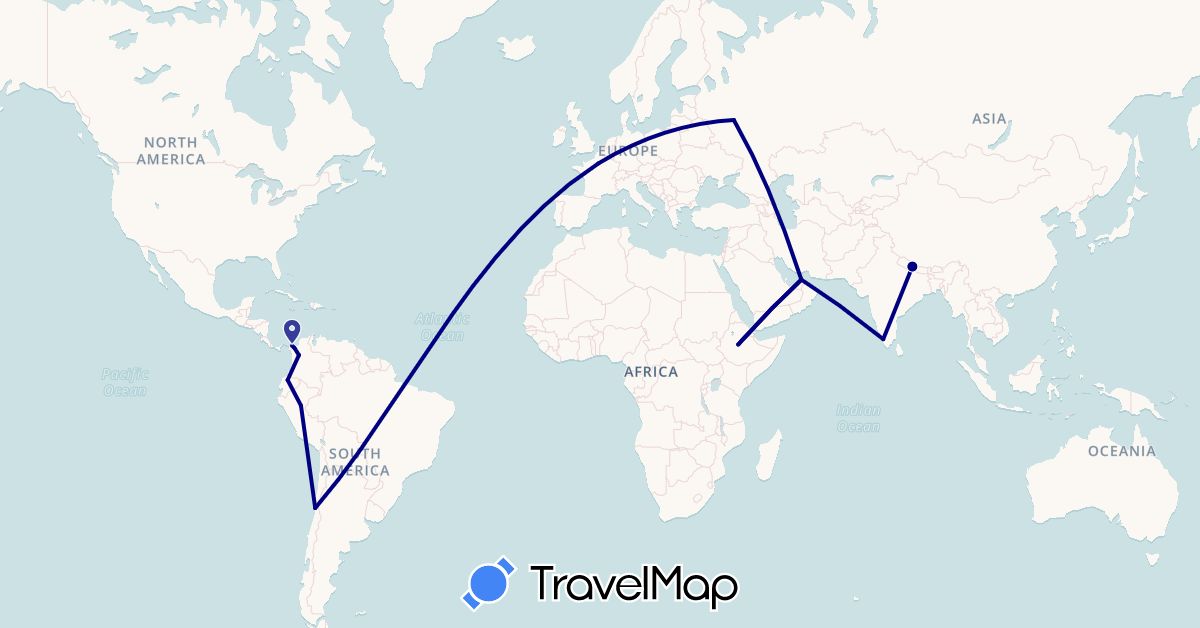 TravelMap itinerary: driving in United Arab Emirates, Chile, Colombia, Ecuador, Ethiopia, France, India, Nepal, Peru, Russia (Africa, Asia, Europe, South America)